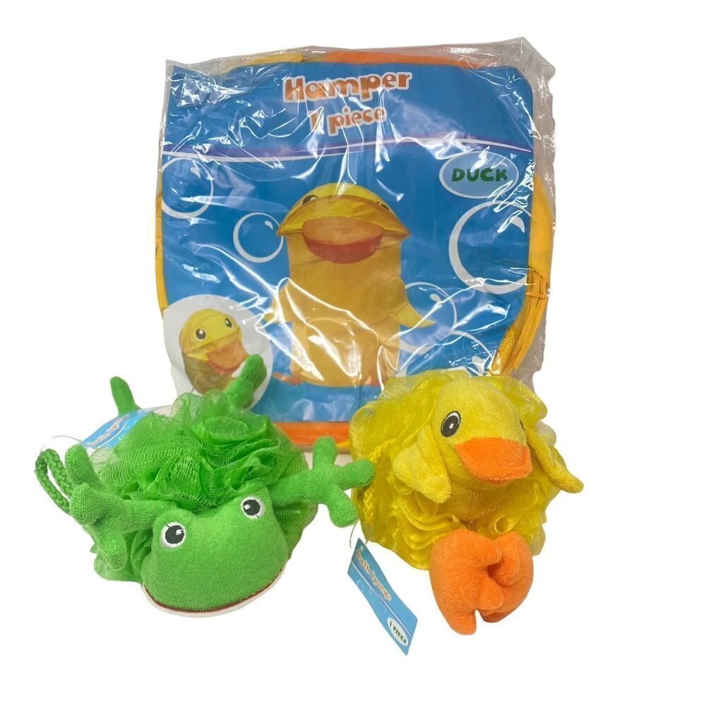 Kids Bath Time Set Foldable Duck Hamper 2 Bath Frog Duck Loofah NWT